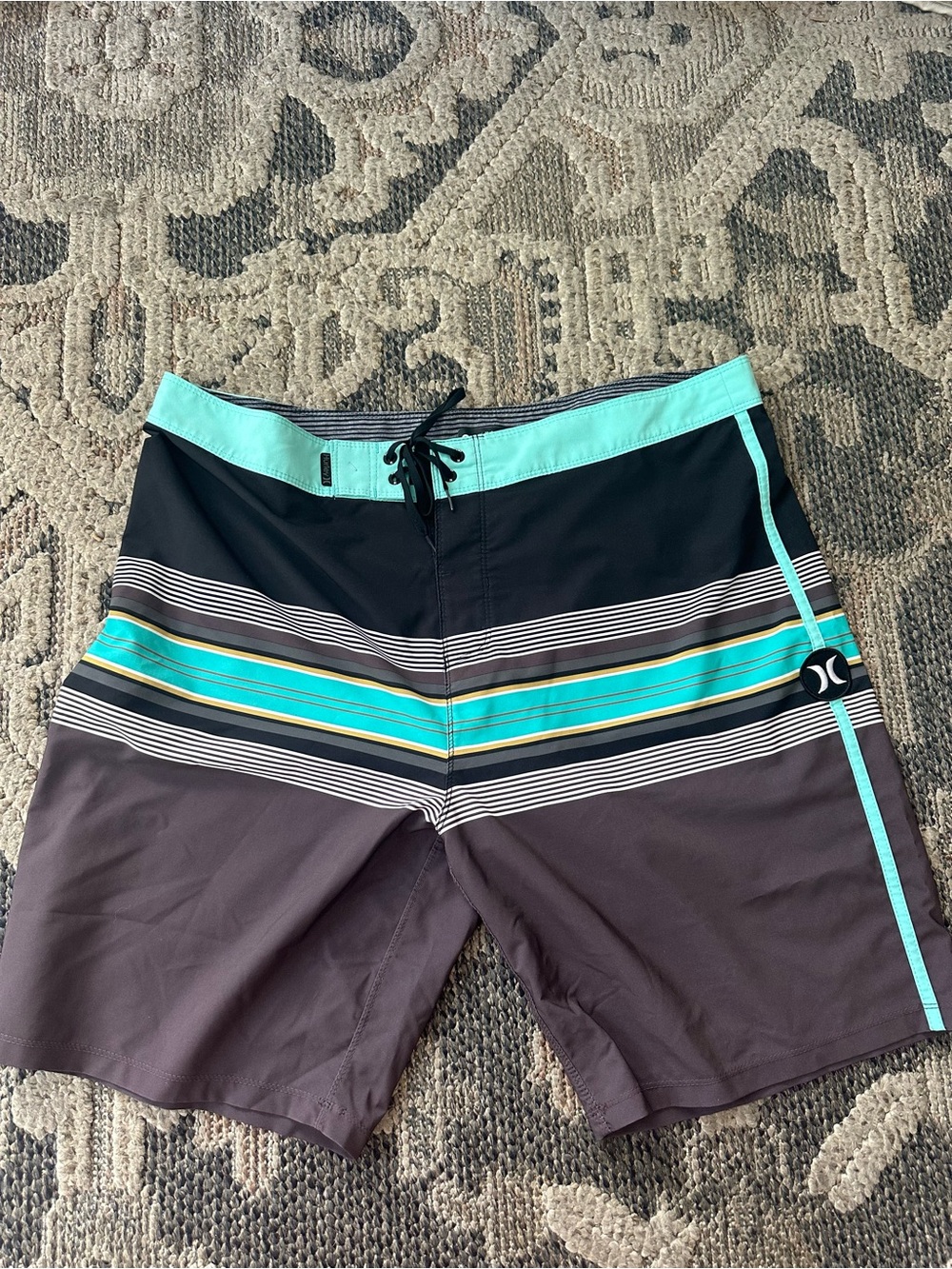 Hurley Black & Teal Striped Men’s Board Shorts